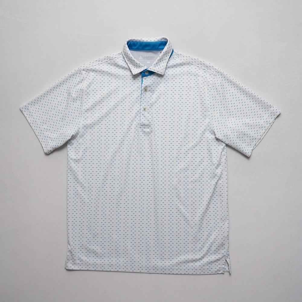 Bermuda Sands Golf Polo Shirt Mens Medium White Blue Geometric Performance - Picture 2 of 12